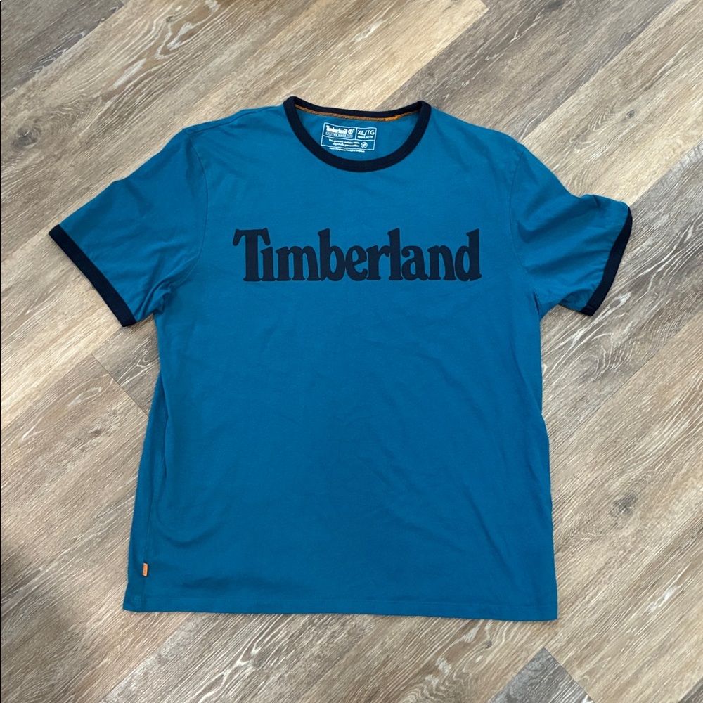 Timberland Men's Teal T-Shirt with Black Accents